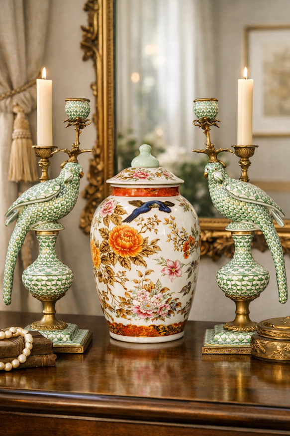 Pair of Green Fish Scale & Bronze Bird Candlesticks