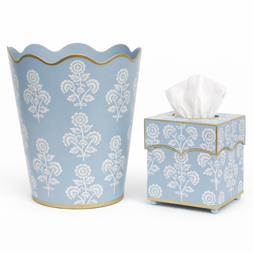 Slate Blue Floral Scalloped Wastepaper Basket & Tissue (3 Options)