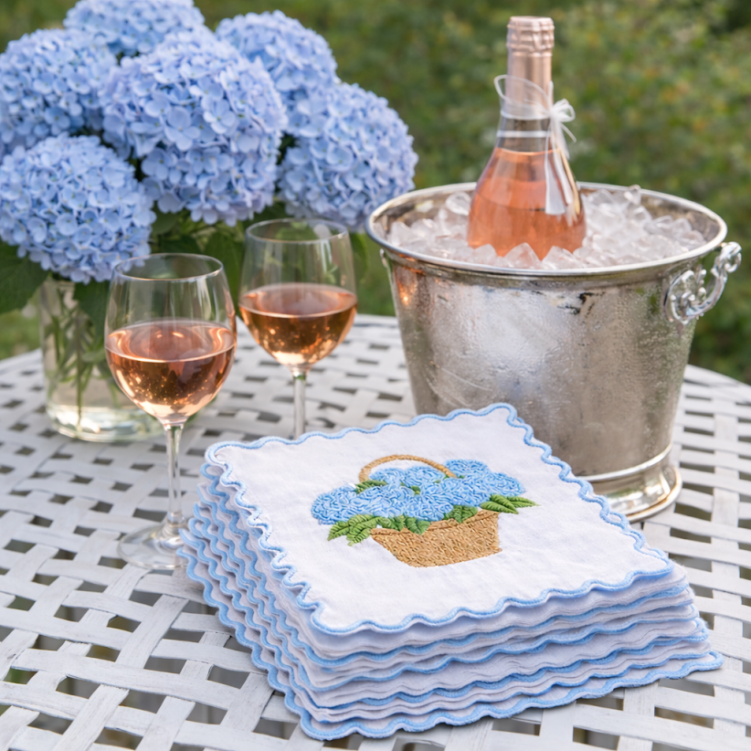 Set of 4 Blue Hydrangea Embroidered Cocktail Napkins