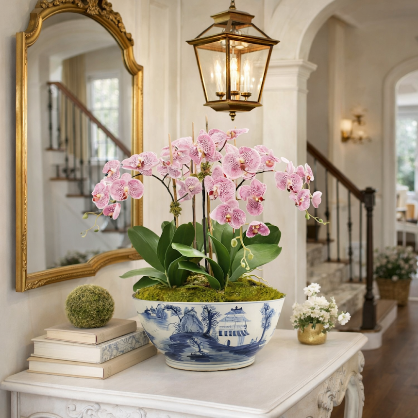 5 Stem Pink Orchid in Porcelain Village Scene Bowl