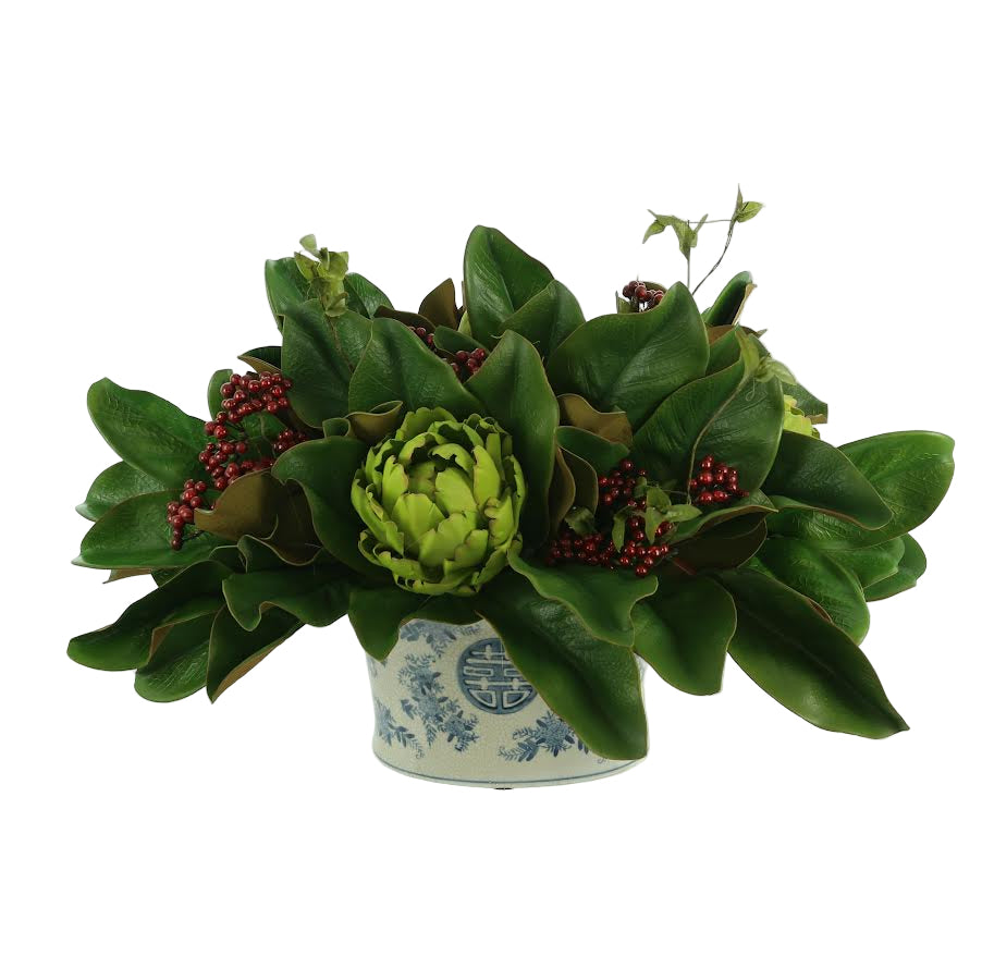 Artichoke, Berries, and Magnolia Leaf Arrangement