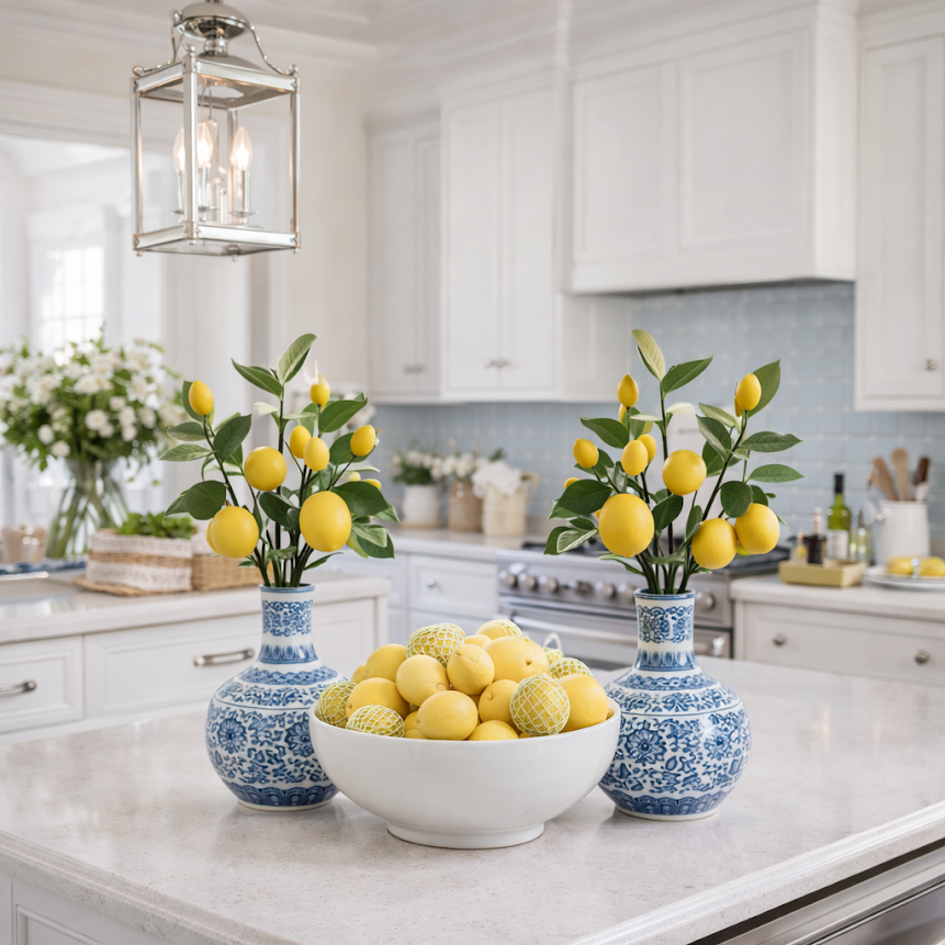 Pair of lemon stems in blue & white vase