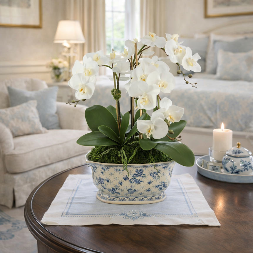 3 Stem White Orchid in Scalloped Porcelain Planter