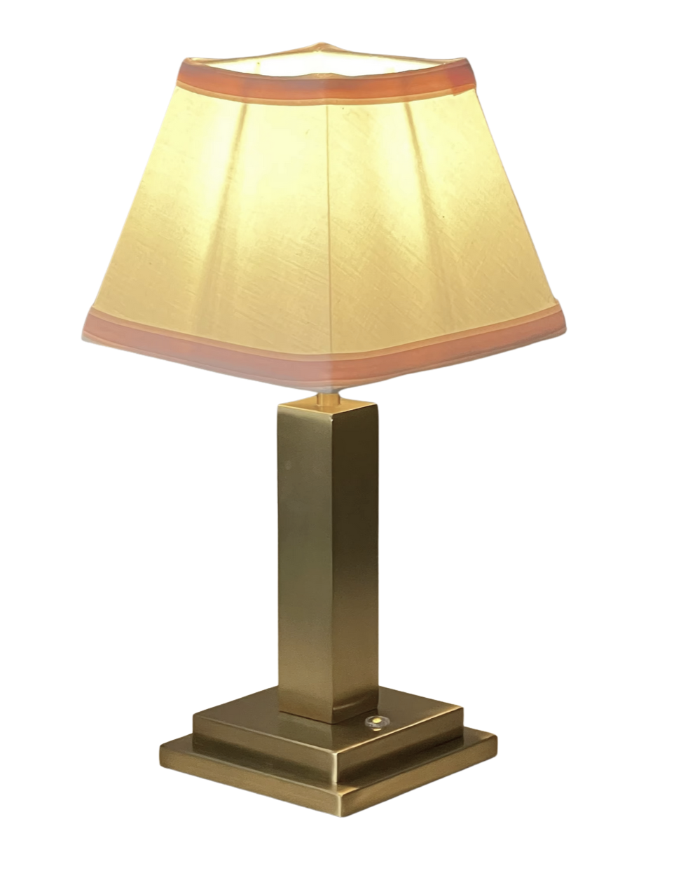 Rechargeable Table Lamp – Gold Square Base, Pink Trim Pleated Shade