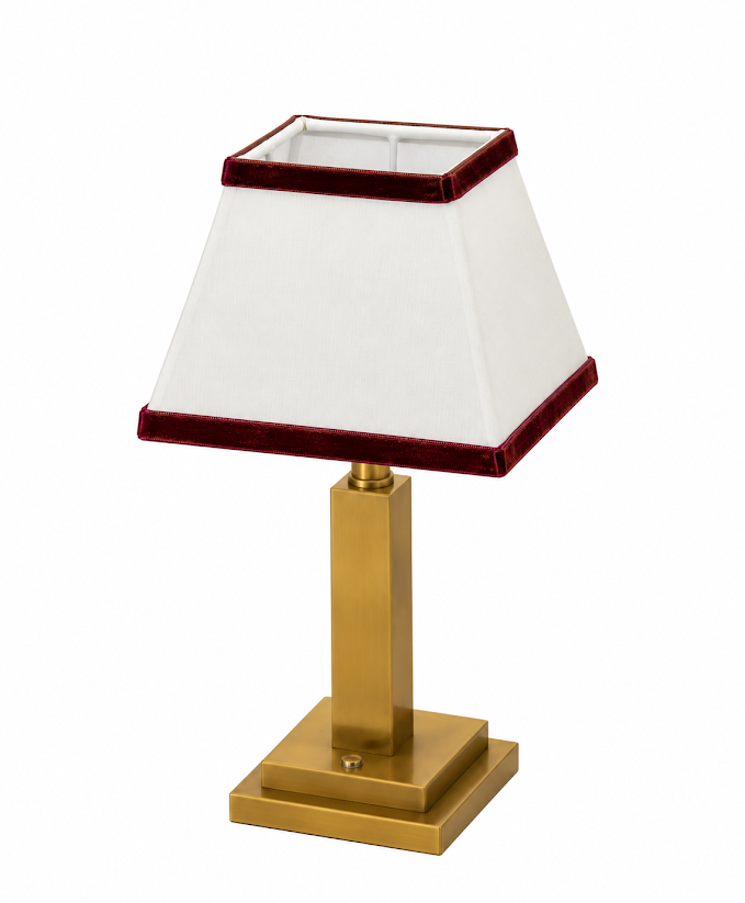 Gold Square Rechargeable Lamp with Red Velvet Trim Shade