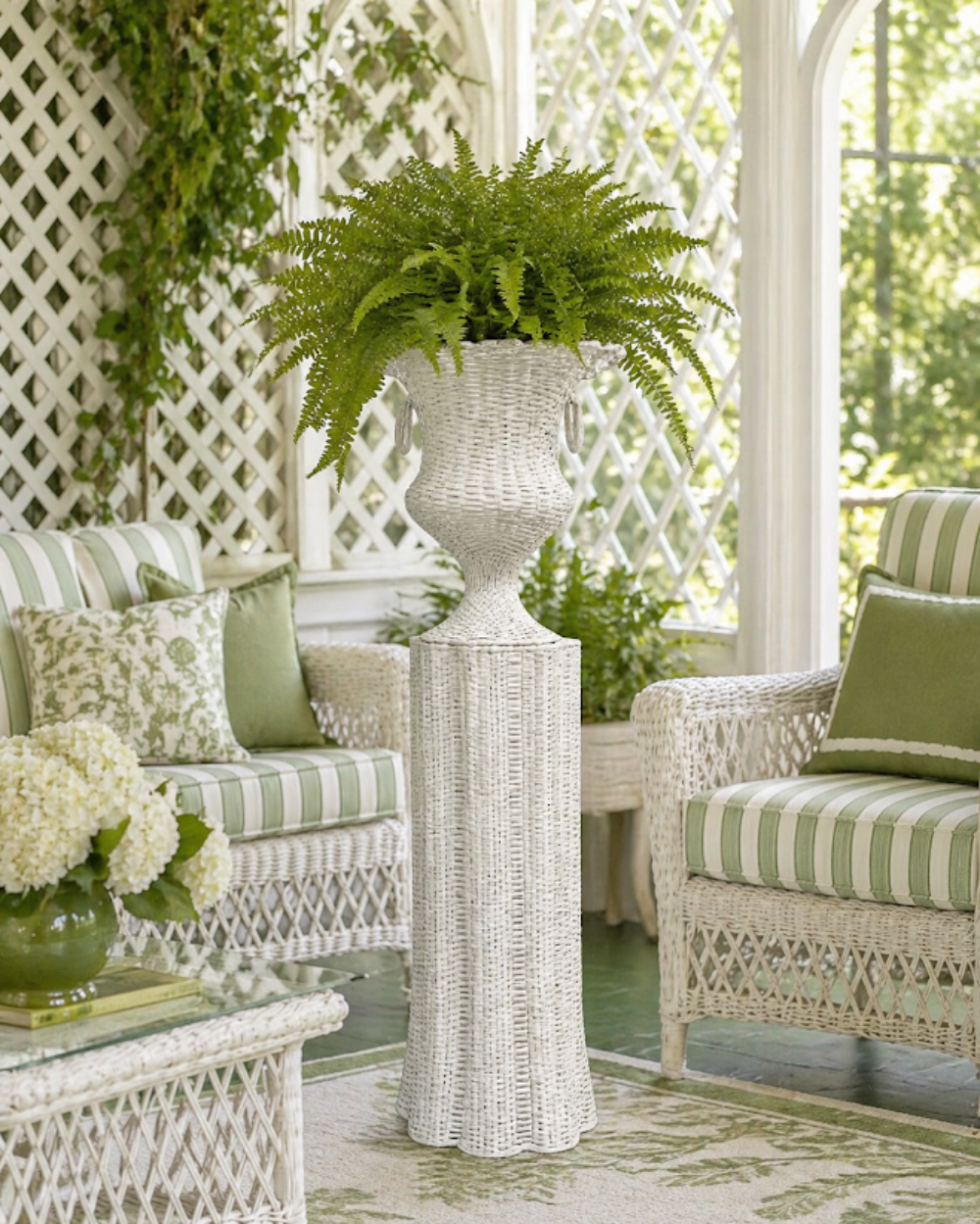 White Round Scalloped Wicker Urn and Pedestal (3 Options)