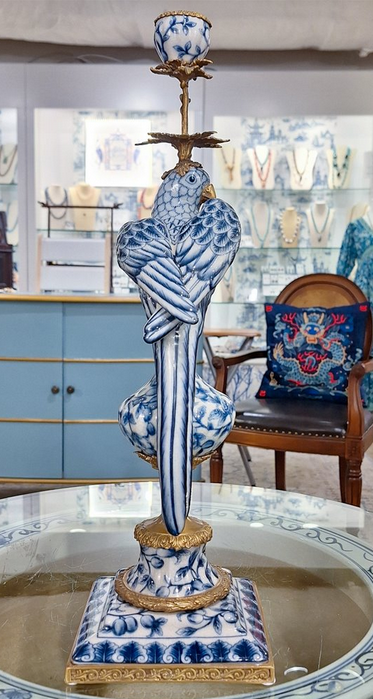 Blue & White Porcelain Bird Ormolu Candle Stick