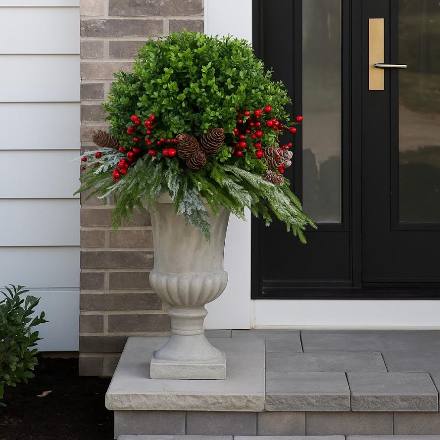 Holiday Boxwood Arrangement with Pine and Berries in a Plastic Liner