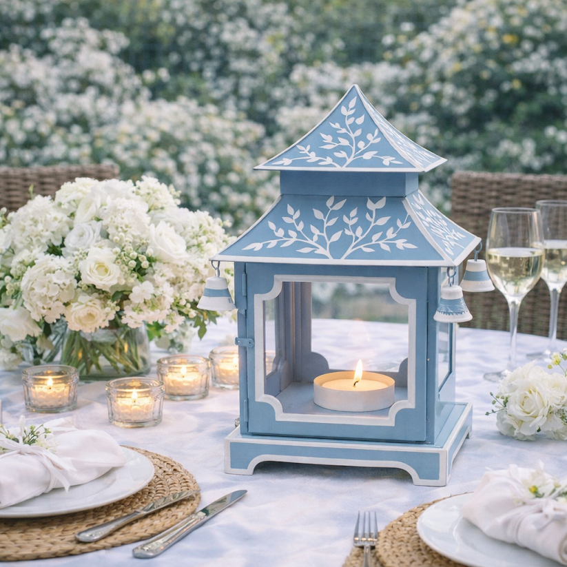 Soft Blue & White Bird & Vine Pagoda Lantern (4 Sizes)