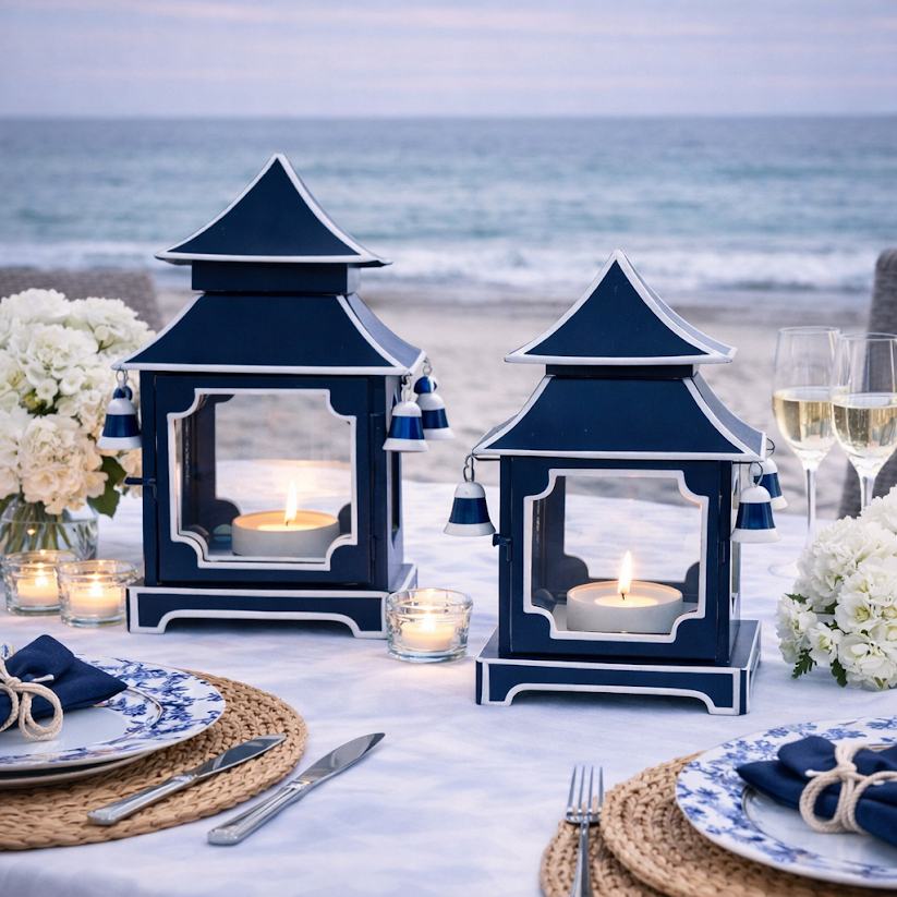 Navy & White Trim Pagoda Lantern (4 Sizes)