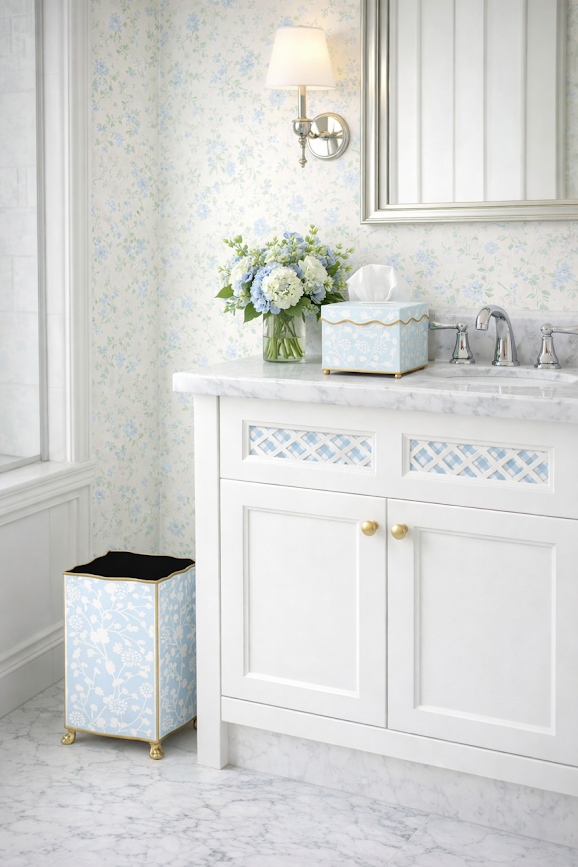 Pale Blue Spring Floral Wastepaper Basket & Tissue (3 Options)