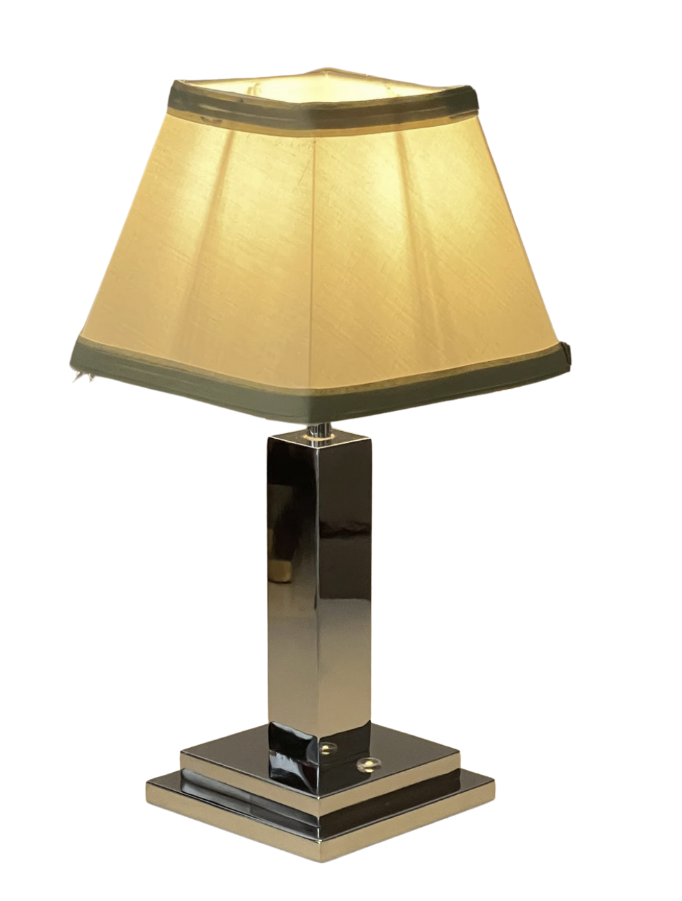 Rechargeable Table Lamp – Silver Square Base, Green Trim Pleated Shade
