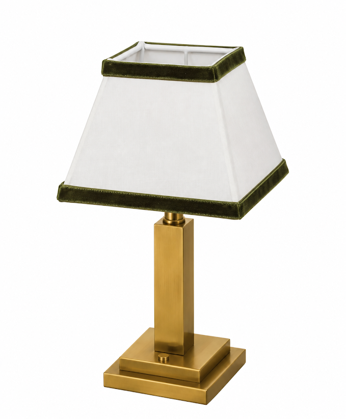 Gold Square Rechargeable Lamp with Green Velvet Trim Shade