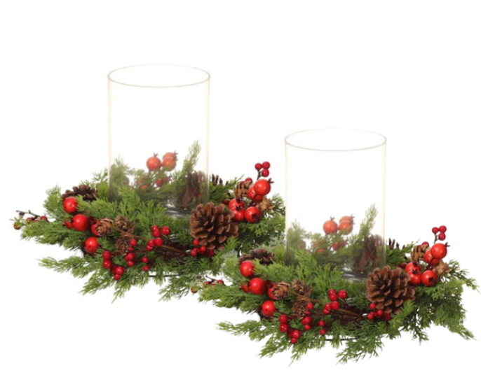Pair of Pine Cone/Berry/Cedar Centerpiece With Glass Candleholder
