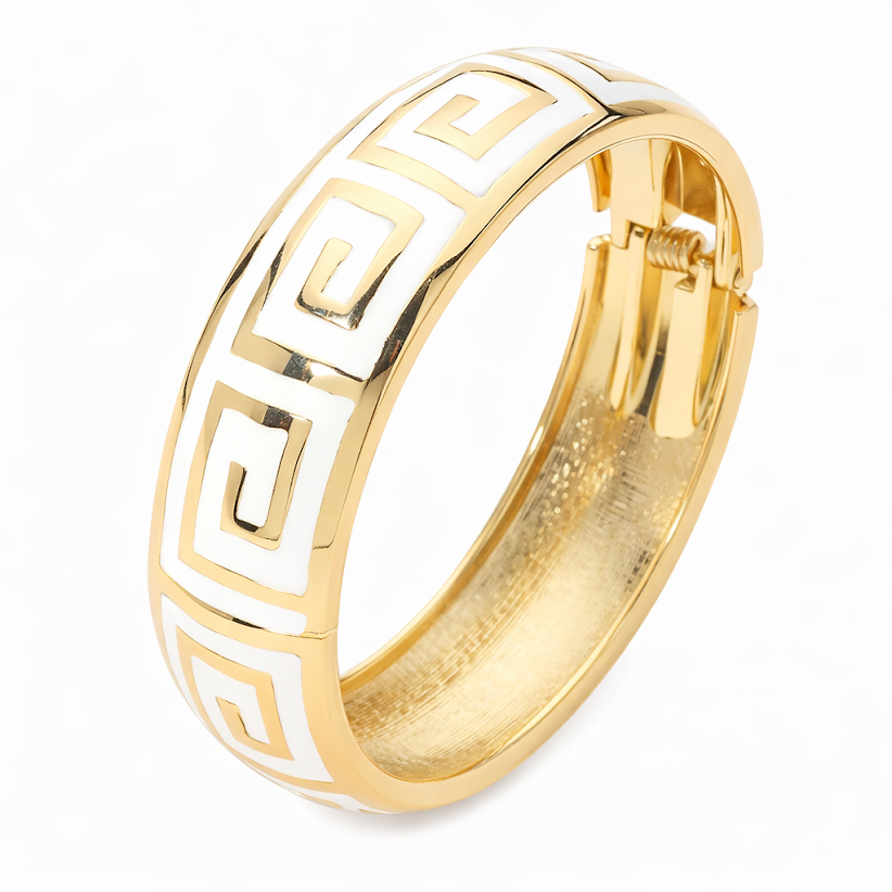 White Enameled Greek Key Hinged Bangle