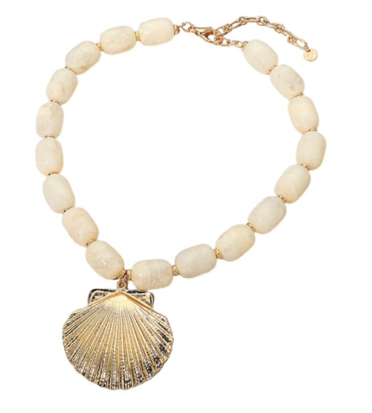 Ivory Beaded Necklace with Gold Shell Pendant