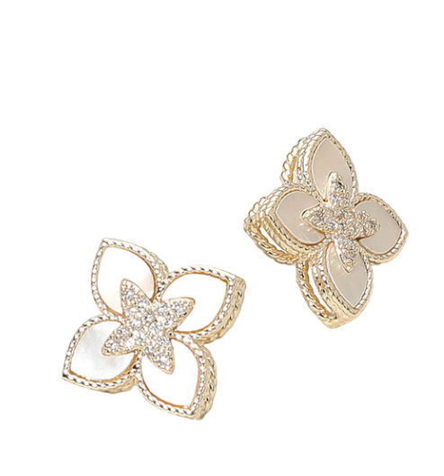Elegant Pearl & CZ Quatrefoil Stud Earrings