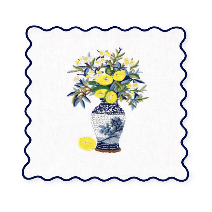 Set of 4 Lemon Floral Embroidered Cocktail Napkins