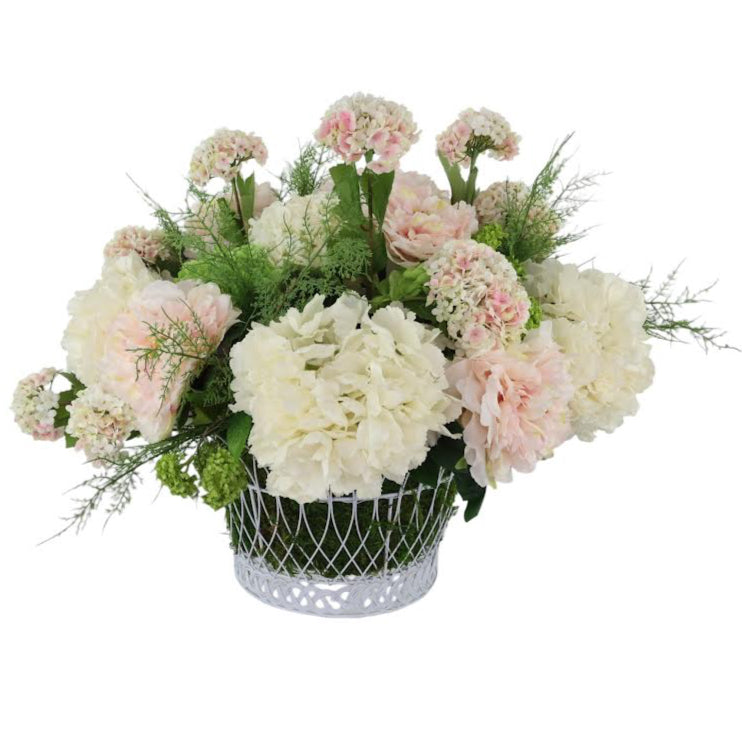 French Wire Basket Blooms: Hydrangea, Peony & Viburnum Arrangement