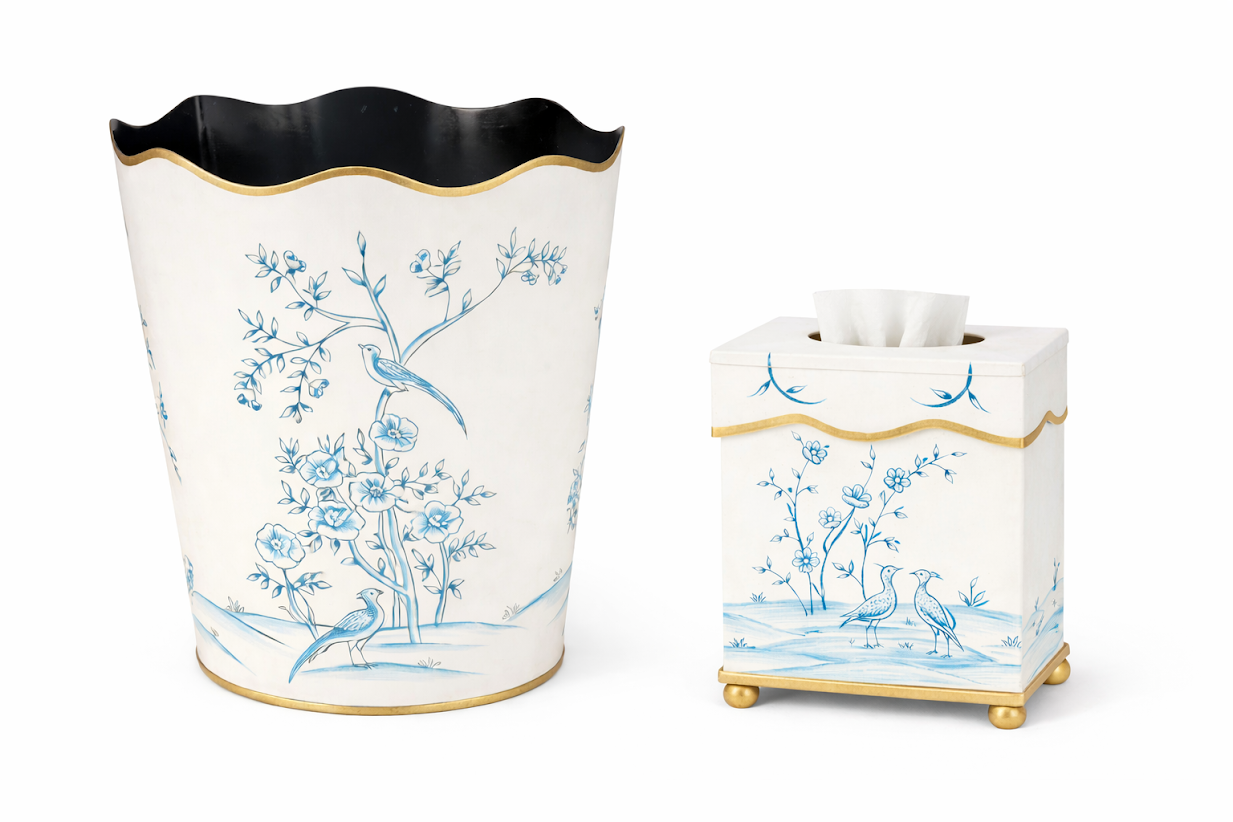 Ivory & Blue w/Gold Trim Scalloped Wastepaper Basket & Tissue (3 Options)