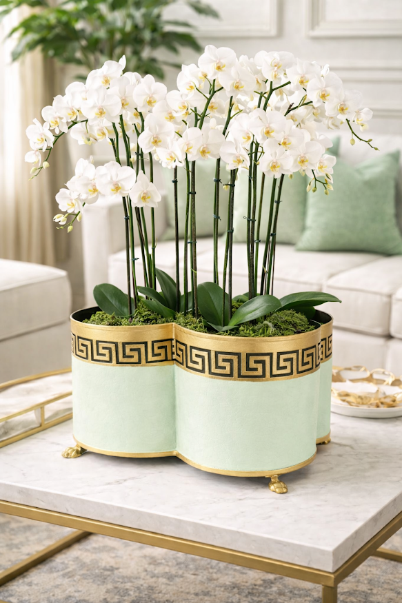 Pale Green & Gold Greek Key Quatrefoil Planter