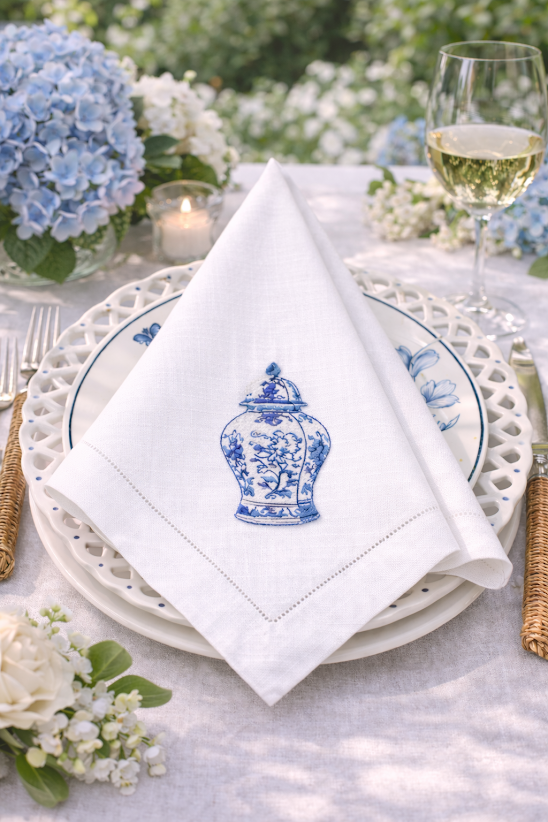 SET OF 4 GINGER JAR EMBROIDERED DINNER NAPKINS