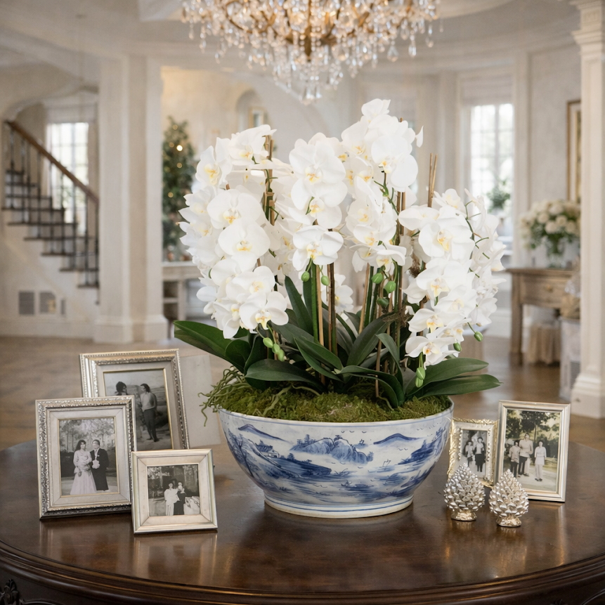 6 White Orchid Stems in Porcelain Village Scene Bowl