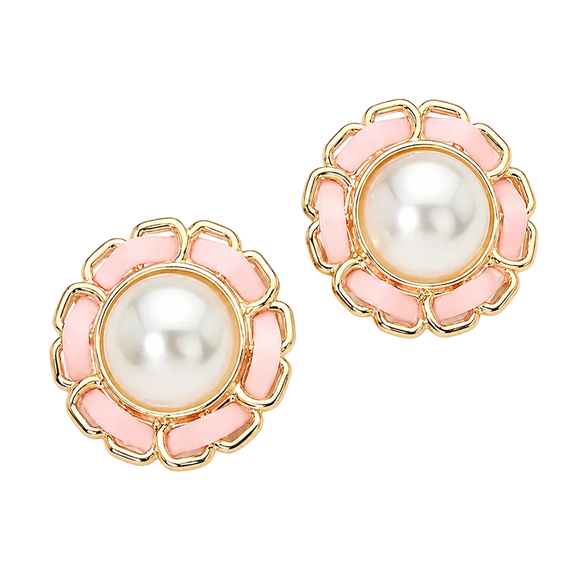 Pearl & Pink Enamel Flower Statement Earrings