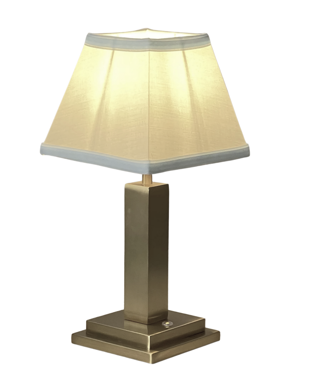 Rechargeable Table Lamp – Gold Square Base, Blue Trim Pleated Shade