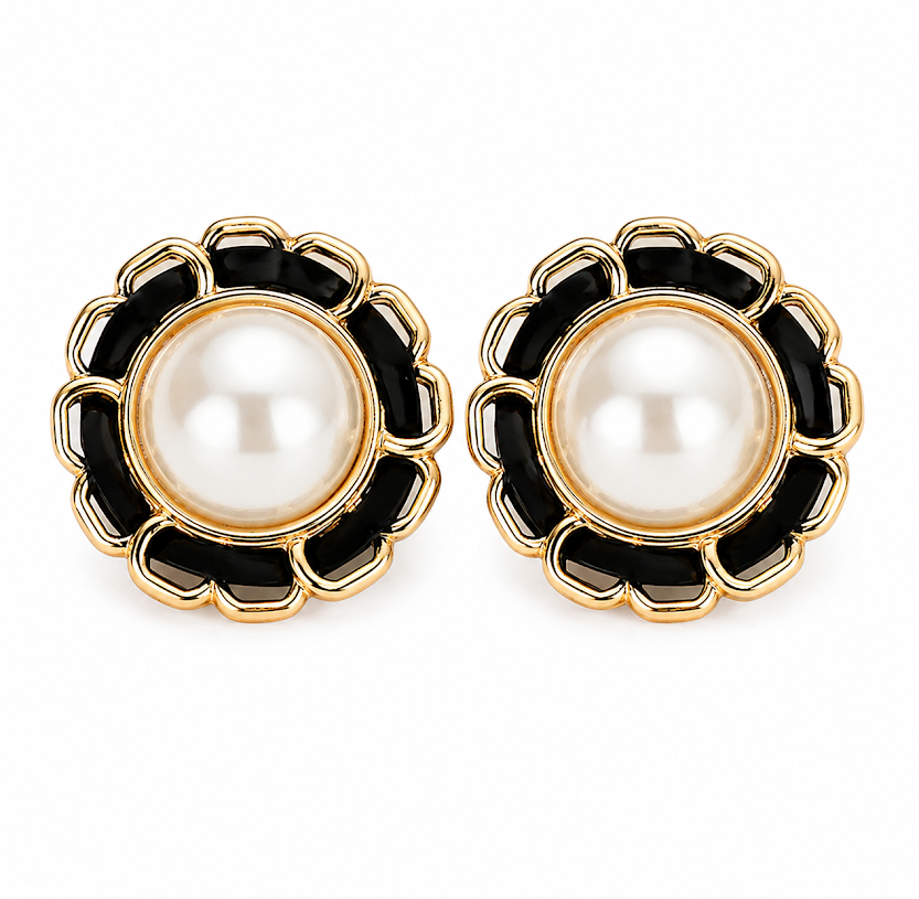 Pearl & Black Enamel Flower Statement Earrings