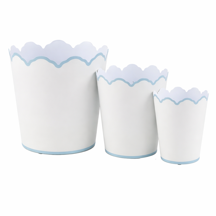 White & Pale Blue Scalloped Bucket Wastepaper Basket & Planters (3 Sizes)