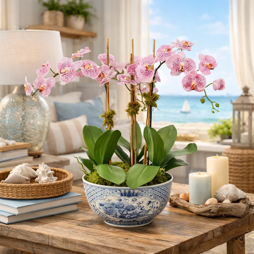 3 Stem Pink / Purple Orchid in Trellis Porcelain Bowl