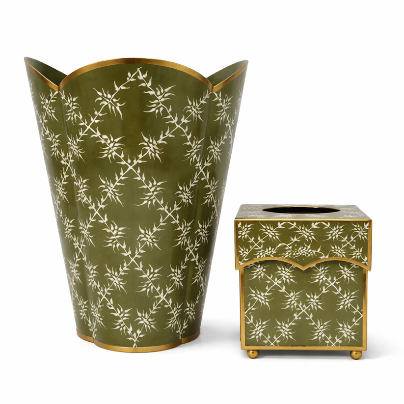 Moss Green Leaf Trellis Wastepaper Basket & Tissue Holder Set