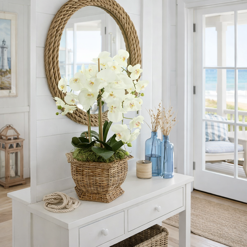 3 Stem White Orchid in Wicker Hexagon Planter