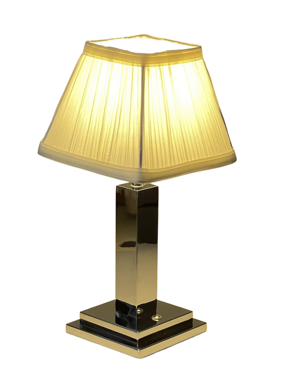Rechargeable Table Lamp – Silver Square Base, Ivory Pleated Shade