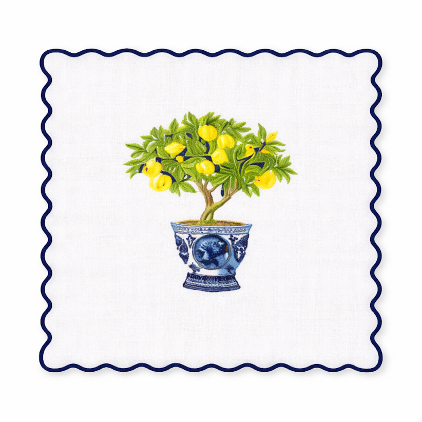 Set of 4 Lemon Topiary Embroidered Cocktail Napkins