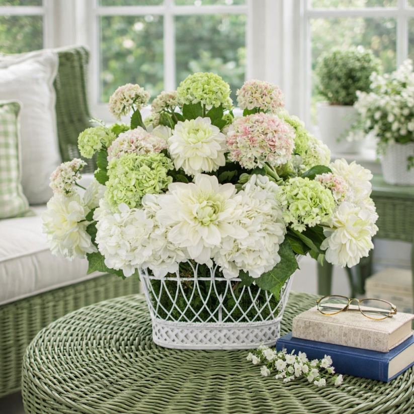 French Wire Basket Floral Arrangement: Hydrangea, Viburnum & Dahlia