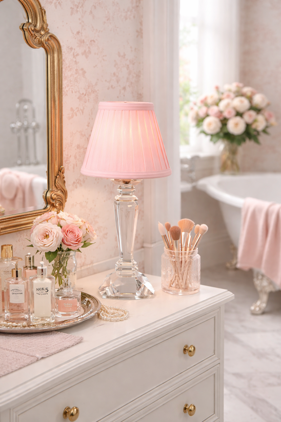Square Crystal Rechargeable Lamp with Pink Shade