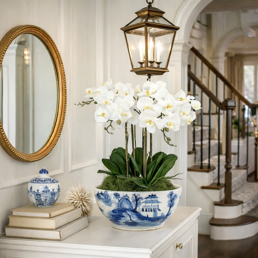 5 Stem White Orchid in Porcelain Village Scene Bowl