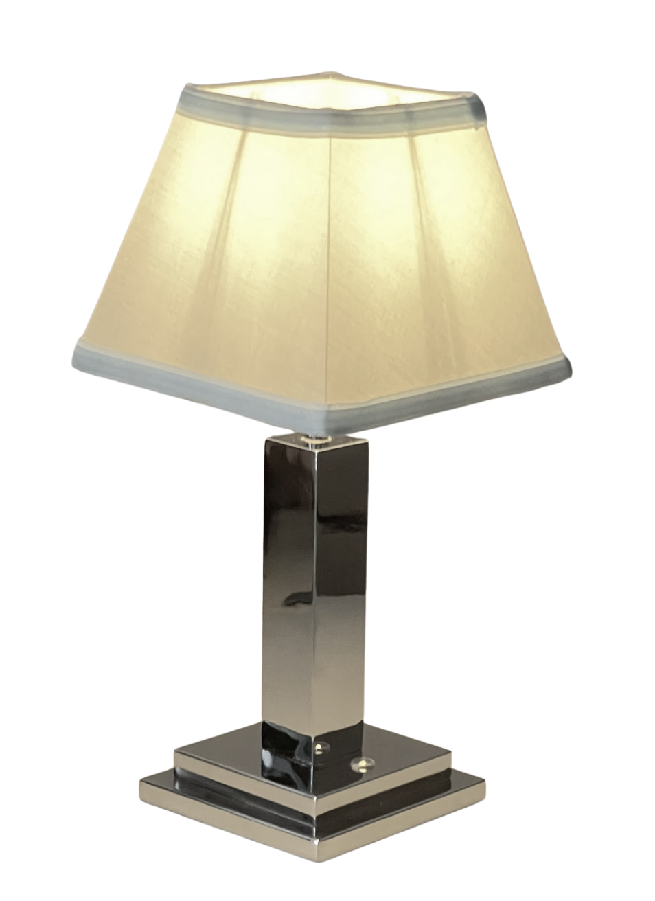 Rechargeable Table Lamp – Silver Square Base, Blue Trim Pleated Shade