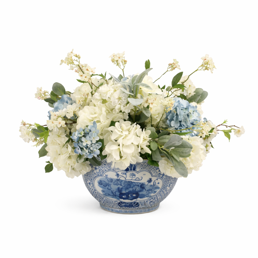 Blue & White Mixed Florals in Porcelain Trellis Bowl