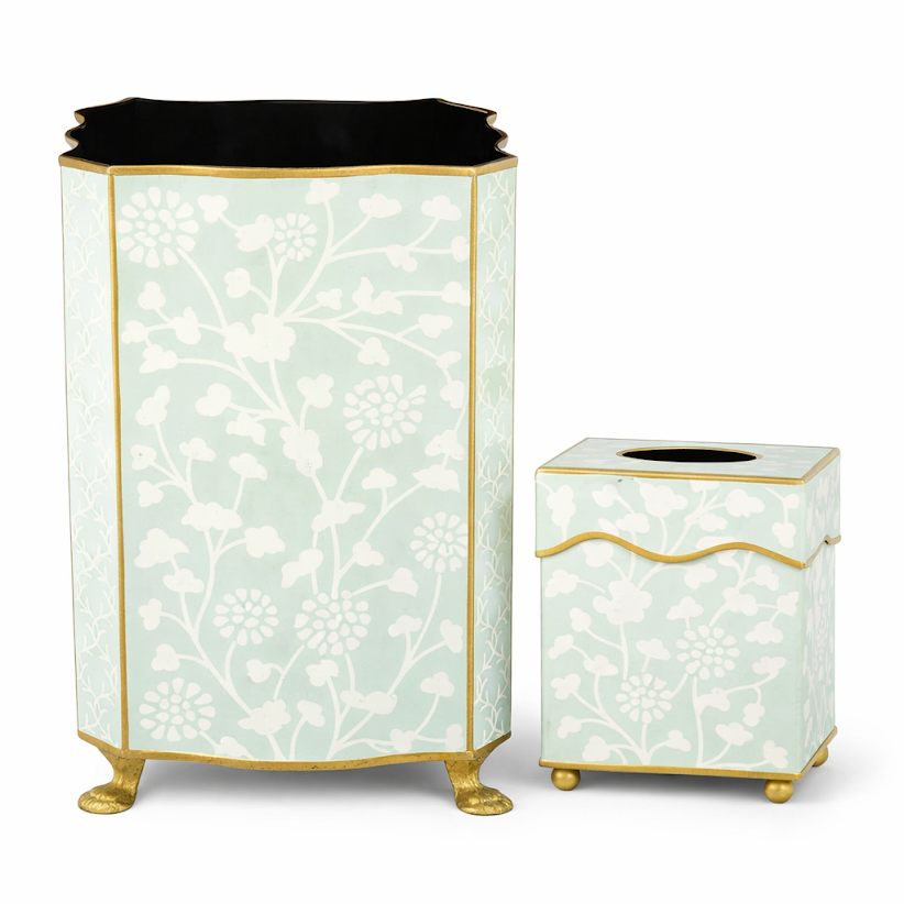 Pale Green Spring Floral Wastepaper Basket & Tissue