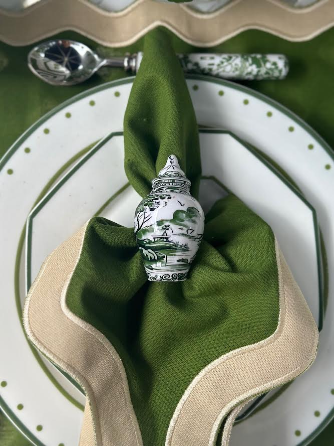 Green & White Village Scene Ginger Jar Napkin Ring