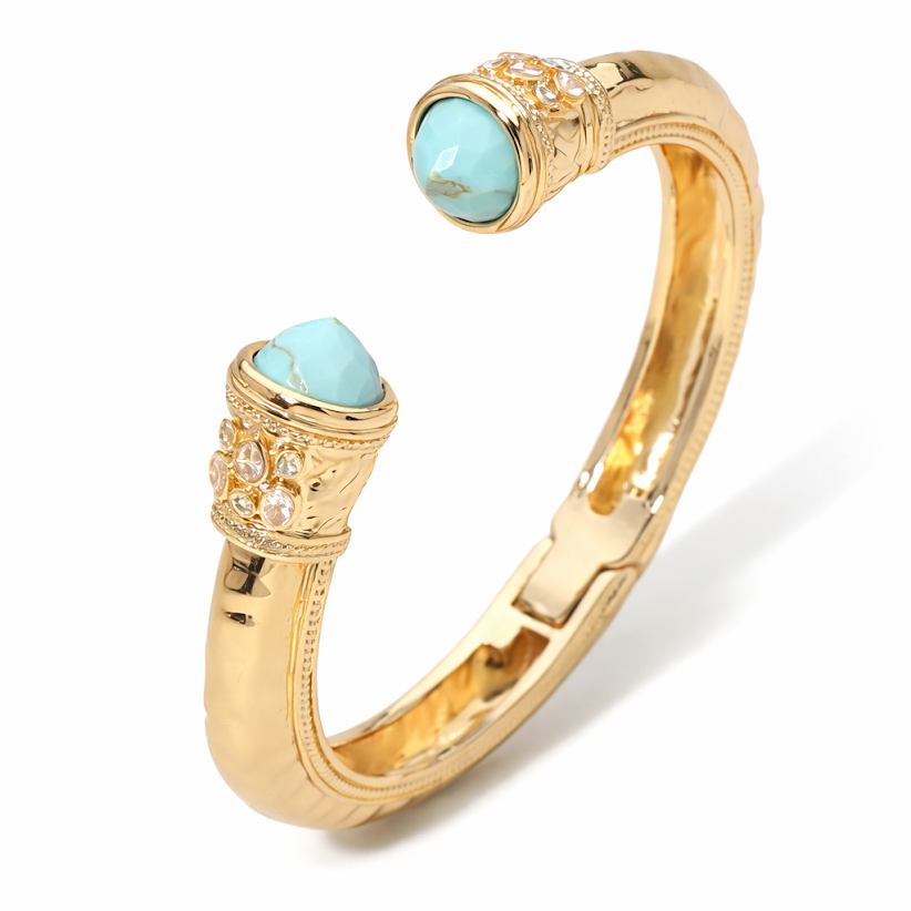 Stone-Tipped Turquoise/CZ Hinged Cuff Bracelet – Gold Plated