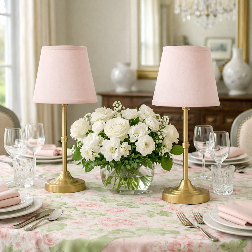 Antique Gold Rechargeable Lamp with Soft Pink Shade