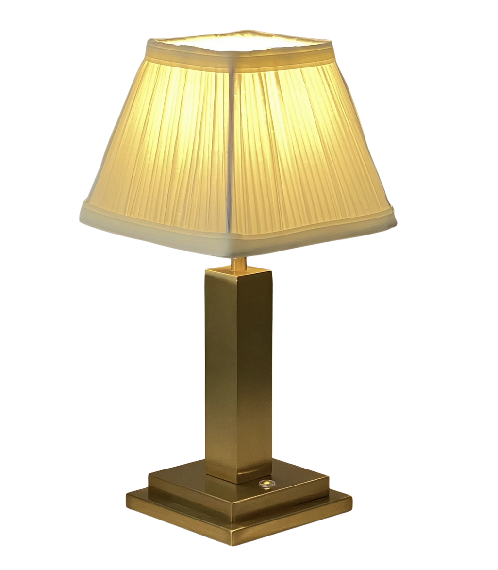 Rechargeable Table Lamp – Gold Square Base, Ivory Pleated Shade
