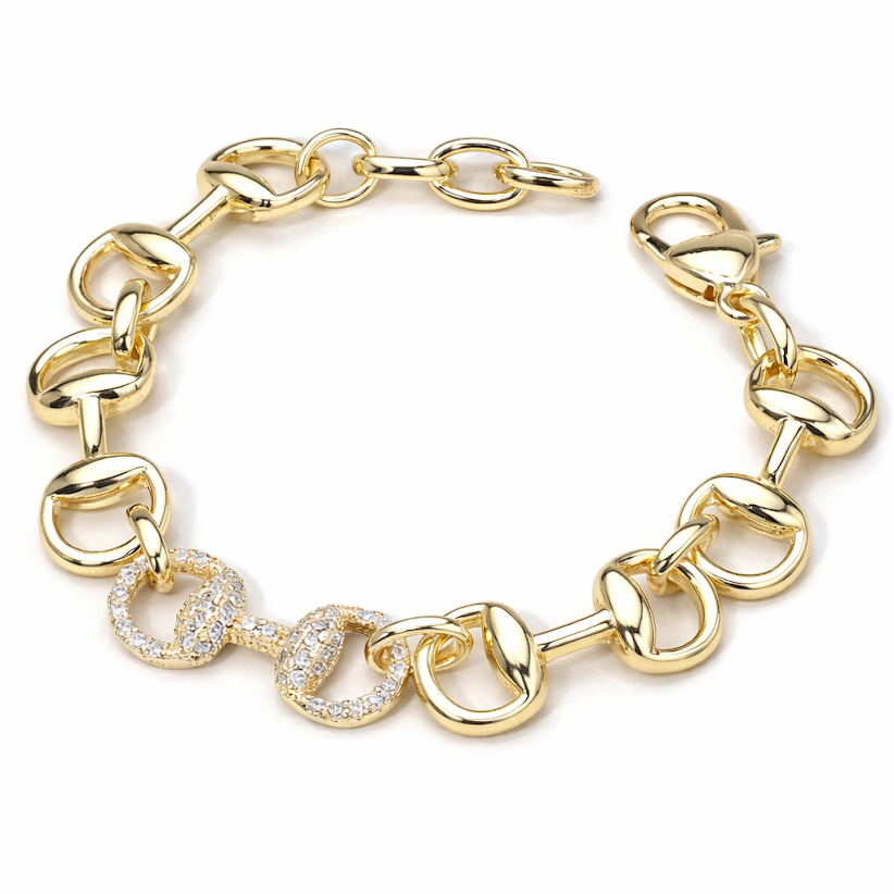 Chunky 14KT Gold Plated CZ Horsebit Equestrian Bracelet