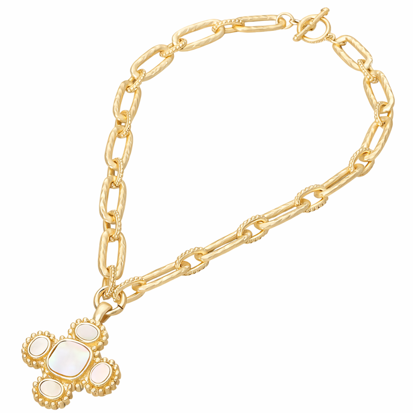 Chunky Gold Chain Necklace with Pearl Clover Charm – 14K Gold Plated