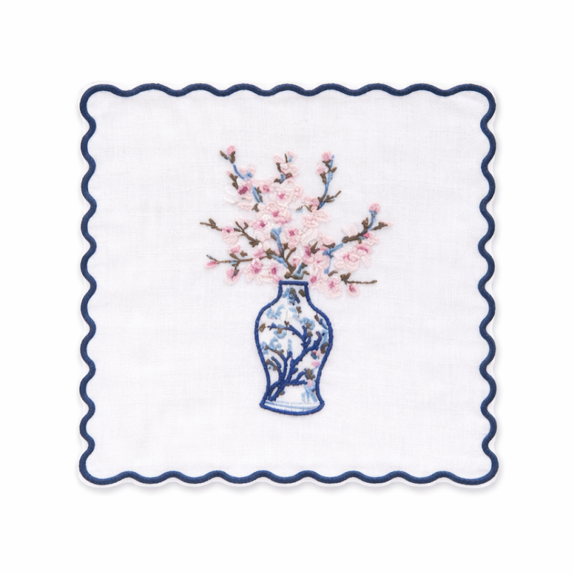 Set of 4 Cherry Blossom Embroidered Cocktail Napkins