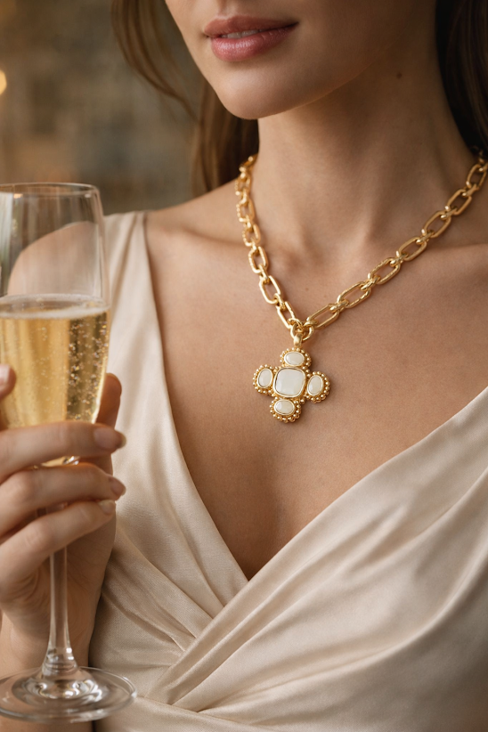 Chunky Gold Chain Necklace with Pearl Clover Charm – 14K Gold Plated